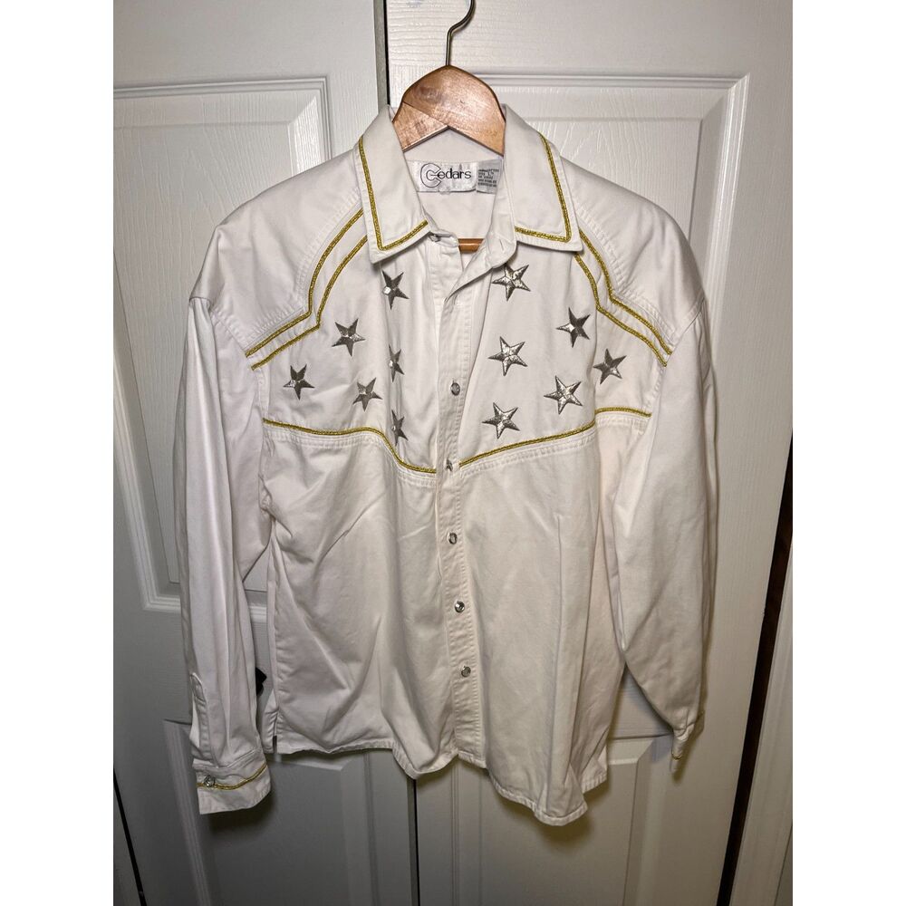 Vintage Cedars Western Pearl Snap Shirt White Silver Star Embroidered L